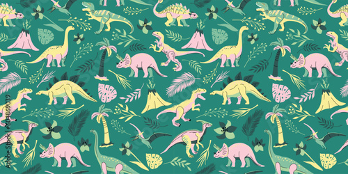 Seamless pattern with bright dinosaurs and green plants including T-rex, Brontosaurus, Triceratops, Velociraptor, Pteranodon, Allosaurus, etc. Isolated on dark background