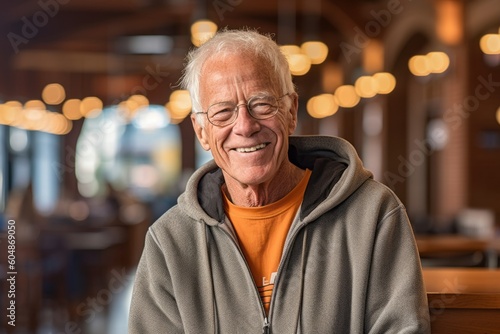 Lifestyle portrait photography of a grinning old man wearing a cozy zip-up hoodie against a historic library background. With generative AI technology © Markus Schröder