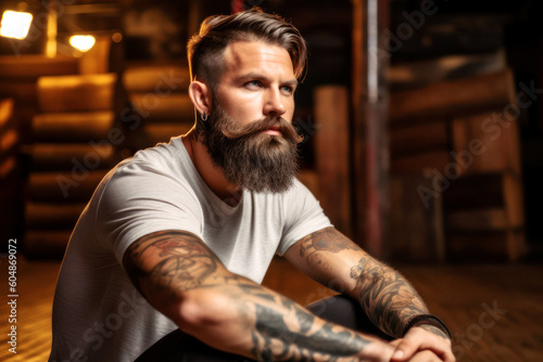 A rugged  bearded man exudes strength  his tattooed arm a testament to his journey. Casual in a white tee  he sits on a worn wooden box in a loft  exuding a raw and confident aura. Generative AI