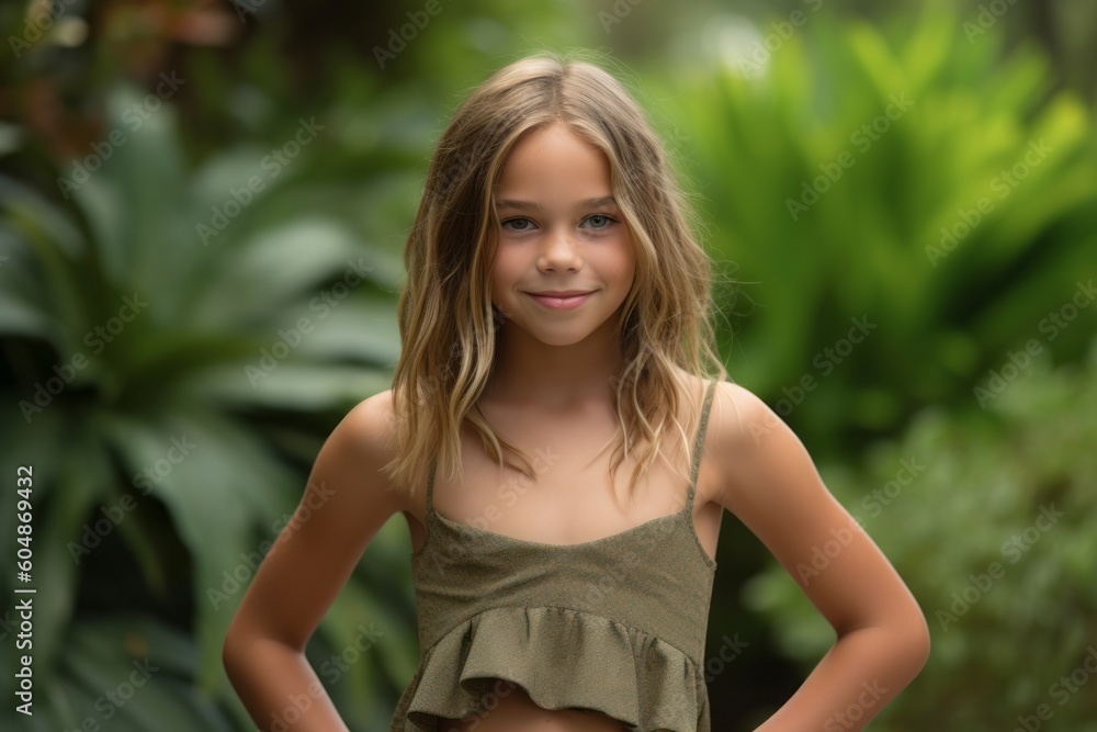 Lifestyle portrait photography of a grinning kid female wearing a cute crop top against a botanical garden background. With generative AI technology Lifestyle portrait photography of a grinning kid female wearing a cute crop top against a botanical garden background. With generative AI technology