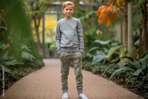 Full-length portrait photography of a grinning kid male wearing soft sweatpants against a botanical garden background. With generative AI technology