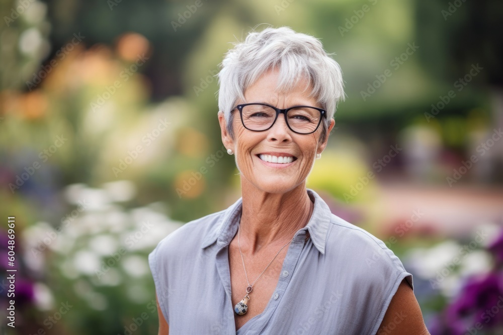 Headshot portrait photography of a grinning mature woman wearing knee-length shorts against a botanical garden background. With generative AI technology Headshot portrait photography of a grinning mature woman wearing knee-length shorts against a botanical garden background. With generative AI technology