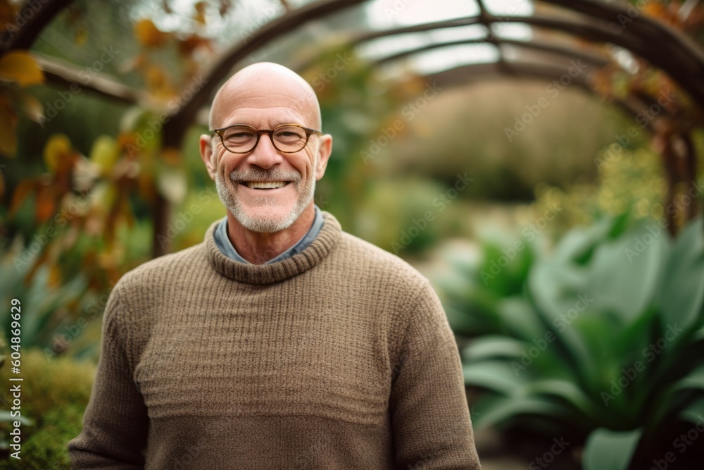 Conceptual portrait photography of a grinning mature man wearing a cozy sweater against a botanical garden background. With generative AI technology Conceptual portrait photography of a grinning mature man wearing a cozy sweater against a botanical garden background. With generative AI technology