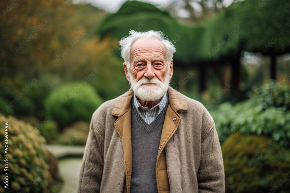Medium shot portrait photography of a tender old man wearing a chic cardigan against a botanical garden background. With generative AI technology
