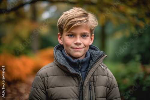 Headshot portrait photography of a grinning mature boy wearing a cozy winter coat against a botanical garden background. With generative AI technology