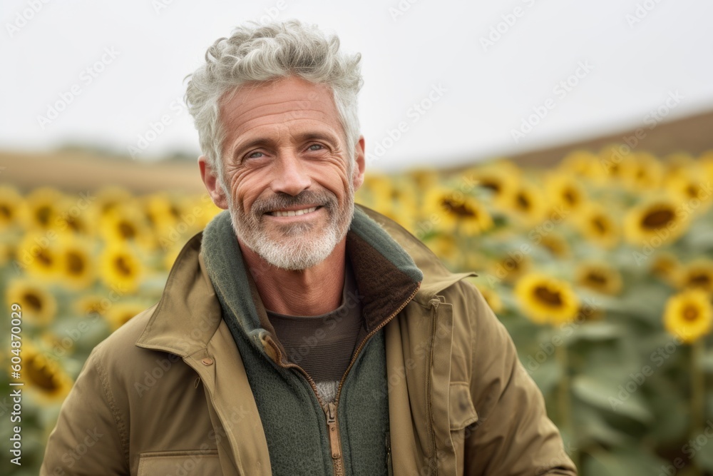 Medium shot portrait photography of a satisfied mature man wearing a warm parka against a sunflower field background. With generative AI technology Medium shot portrait photography of a satisfied mature man wearing a warm parka against a sunflower field background. With generative AI technology