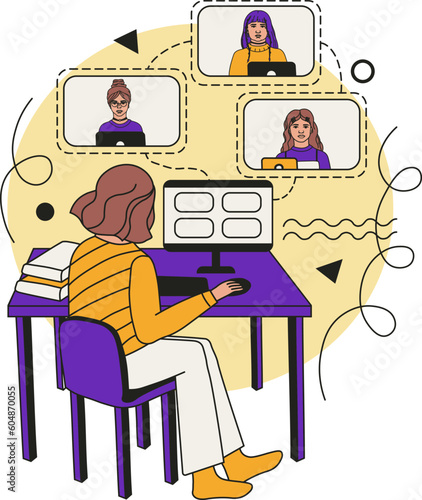 Group video conference. Work on distance. Online communication.