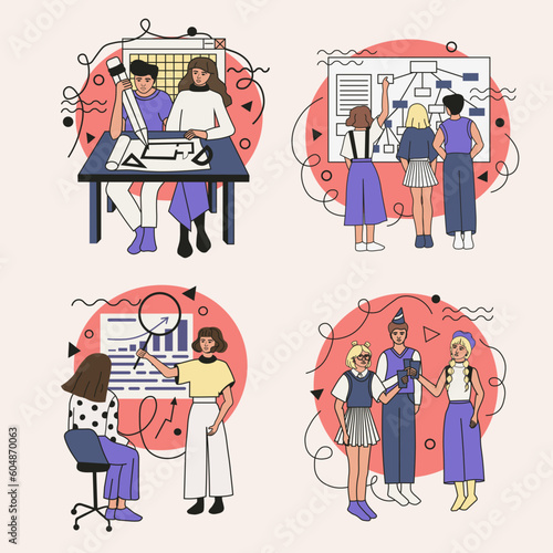 Set of illustrations with corporate workers. Office work, corporate party, presentation, creative process, teamwork, architectural planning.