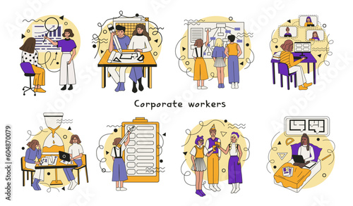 Set of illustrations with corporate workers. Office work, video conference, work on distance, corporate party, presentation, creative process, teamwork, deadline.