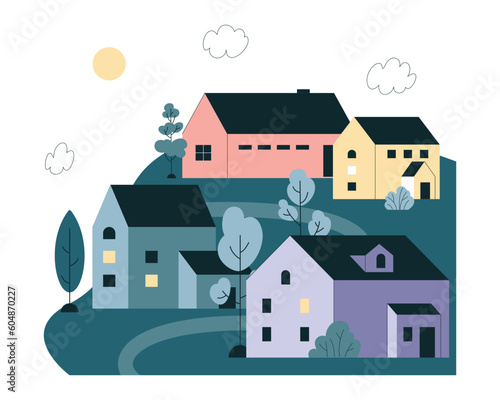 Summer rural landscape. A green hill with village houses and trees.