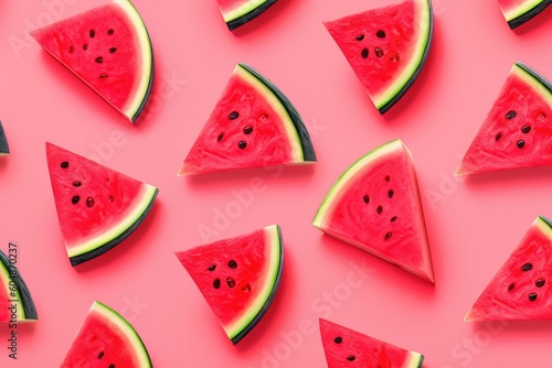 Pattern sliced red juicy watermelon on a pink background. AI generated