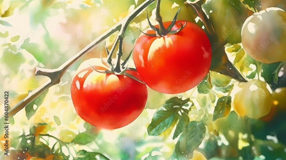 Red ripe tomatoes on a brabch illustration. Generative AI