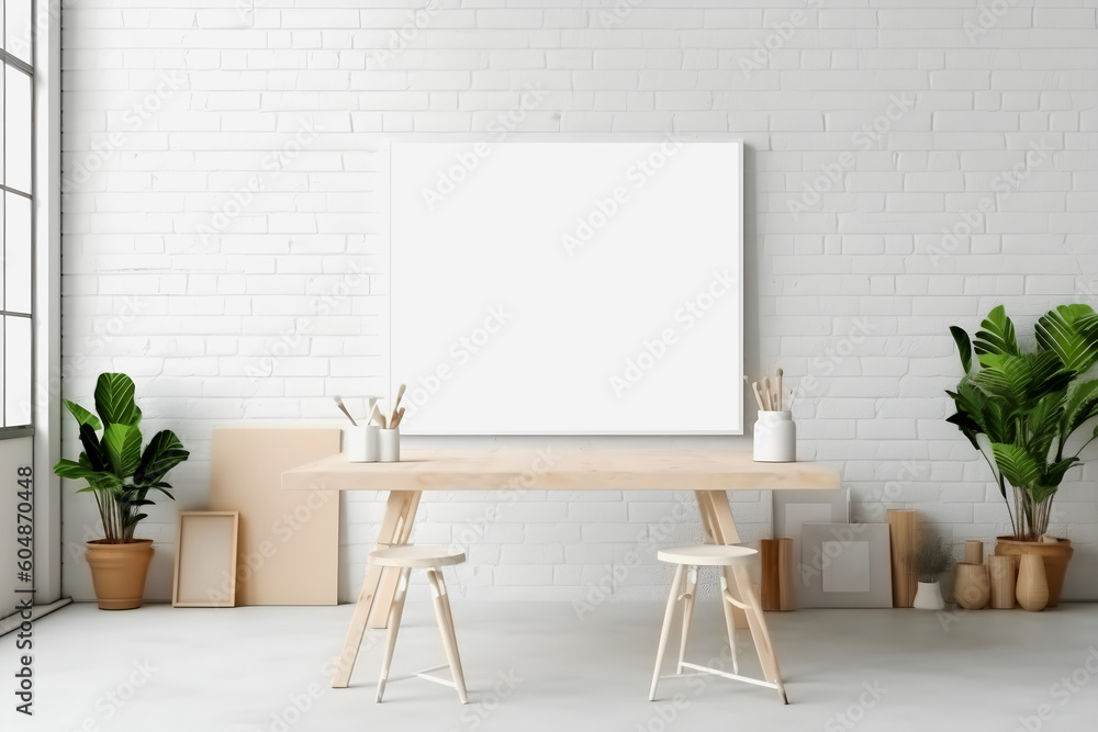 Artistic Inspiration: Vibrant Art Studio Display with a Blank White Mockup Frame Artistic Inspiration: Vibrant Art Studio Display with a Blank White Mockup Frame