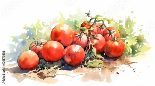 Red ripe tomatoes on a brabch illustration. Generative AI photo