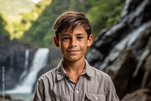 Close-up portrait photography of a satisfied kid male wearing a casual short-sleeve shirt against a majestic waterfall background. With generative AI technology
