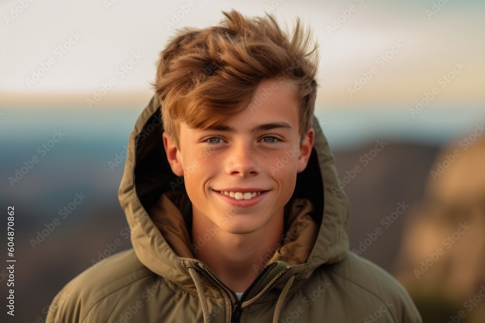 Close-up portrait photography of a grinning boy in his 30s wearing a cozy zip-up hoodie against a national park background. With generative AI technology