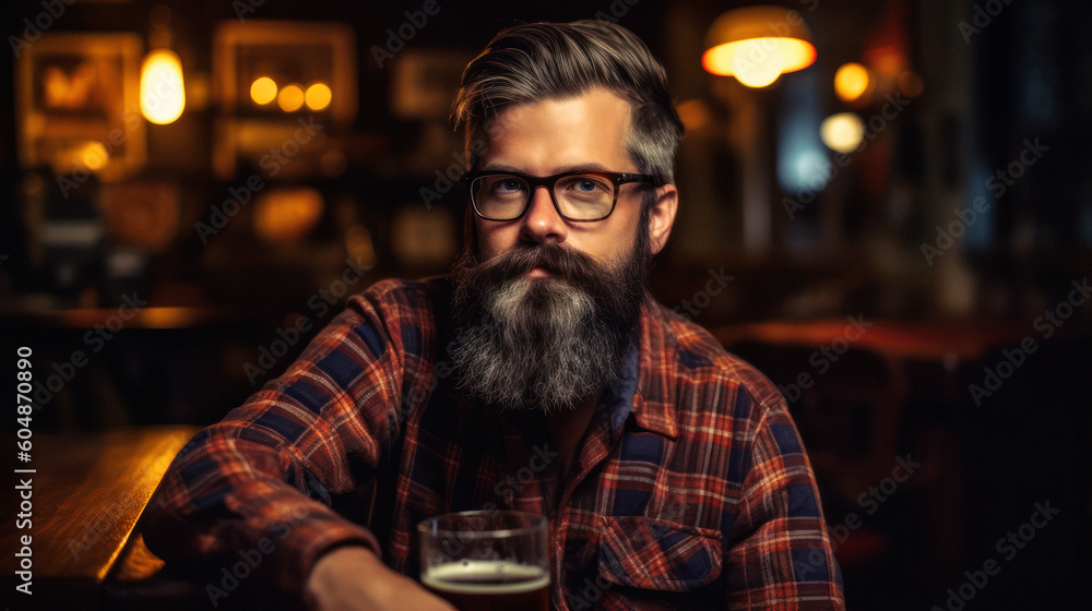 In a cozy corner of an indie brewery, a hipster male with trendy tattoos a stylishly groomed beard, and artfully tousled hair savors the rich flavor of his craft beer at the bar counter. Generative AI