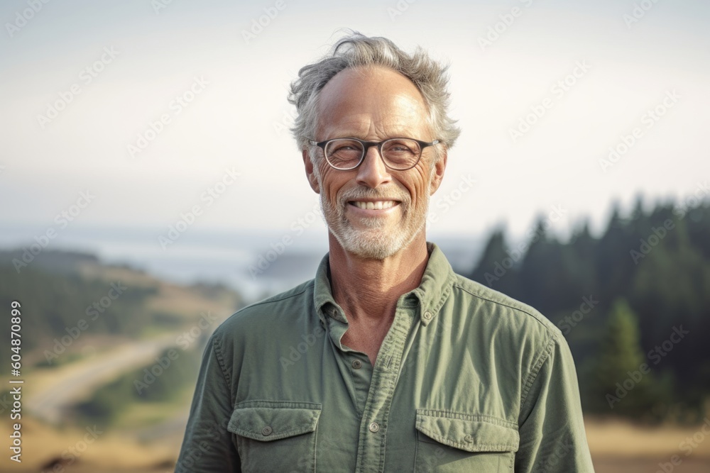 Conceptual portrait photography of a glad mature man wearing a casual short-sleeve shirt against a national park background. With generative AI technology Conceptual portrait photography of a glad mature man wearing a casual short-sleeve shirt against a national park background. With generative AI technology