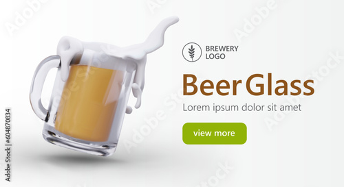 Frothy light beer spills out of glass mug. Horizontal template for advertising banner. 3D elements in cartoon style. Glass container with handle for beer drinks. Web illustration with text and button
