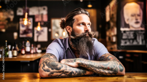In a cozy corner of an indie brewery, a hipster male with trendy tattoos a stylishly groomed beard, and artfully tousled hair savors the rich flavor of his craft beer at the bar counter. Generative AI