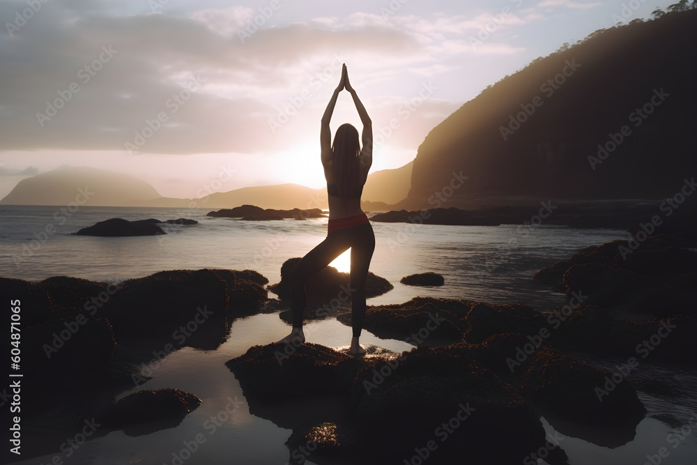 Beautiful Attractive practice Yoga near the Sea at Sunset. Harmony, meditation, healthy lifestyle, relaxation, yoga, self care, mindfulness concept, generative AI