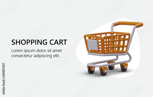 Banner with 3D empty shopping cart. Color vector advertising for shops and services. Horizontal poster with text and illustration. Invitation to shopping