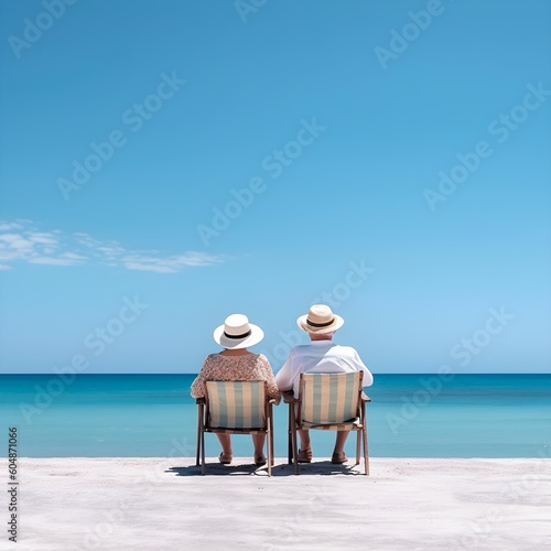 Elderly couple on the beach, watching the sea and relaxing on a chair, calming to look at water, generative AI