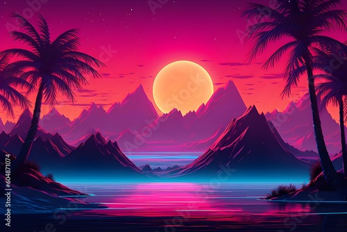 Vaporwave Miami Climate  Mountains on the background of the Sun  Vaporwave Sunset  Palms and water  generative AI