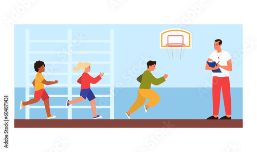 Elementary school building interior. Physical education class, students