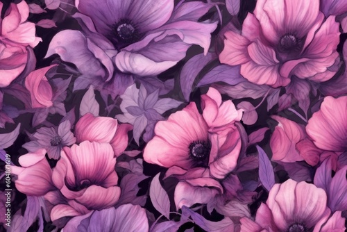 Background of a seamless floral pattern in violet  red  pink  purple  and black. Generative AI