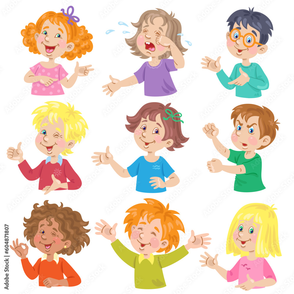 Group of funny children of different nationalities with different emotions and gestures. Various facial expression. In cartoon style. Isolated on white background. Vector flat illustration. Group of funny children of different nationalities with different emotions and gestures. Various facial expression. In cartoon style. Isolated on white background. Vector flat illustration.
