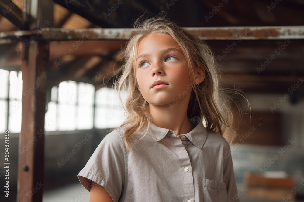 Photography in the style of pensive portraiture of a glad kid female wearing a casual short-sleeve shirt against a spacious loft background. With generative AI technology Photography in the style of pensive portraiture of a glad kid female wearing a casual short-sleeve shirt against a spacious loft background. With generative AI technology