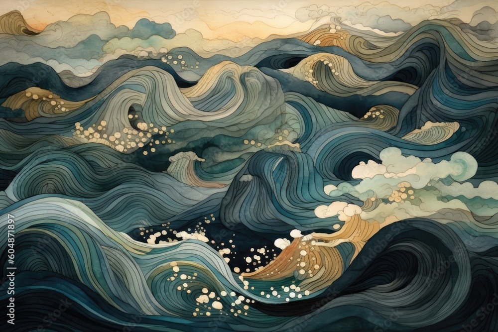 Fototapeta premium To use for decorative backgrounds of a watercolor illustration of a sea in an intricate pattern, in the style of dark teal and light black. Generative AI