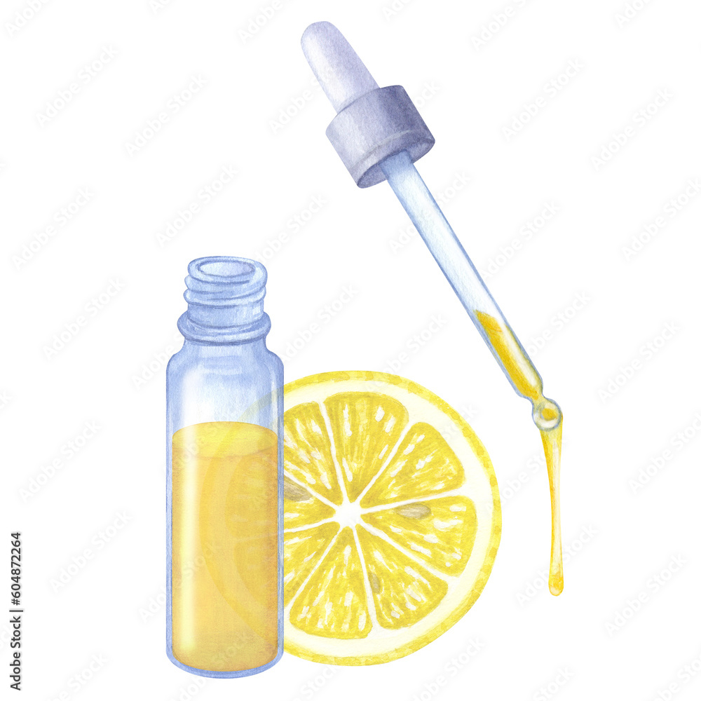 Yellow essential oil of lemon. Blue glass bottle pipette and half citrus fruit. Hand drawn watercolor illustration isolated on white background. For cosmetics packaging, beauty magazines, logo Yellow essential oil of lemon. Blue glass bottle pipette and half citrus fruit. Hand drawn watercolor illustration isolated on white background. For cosmetics packaging, beauty magazines, logo