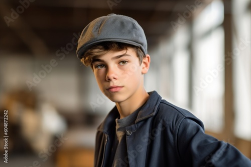 Environmental portrait photography of a glad mature boy wearing a cool cap against a spacious loft background. With generative AI technology © Markus Schröder