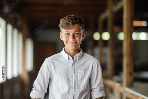 Medium shot portrait photography of a grinning mature boy wearing a classy button-up shirt against a spacious loft background. With generative AI technology © Markus Schröder