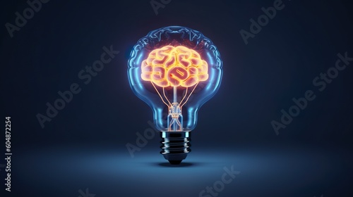 Lamp bulb with human brain inside on dark background. Idea generation, brainstorm concept. Generative Ai technology.