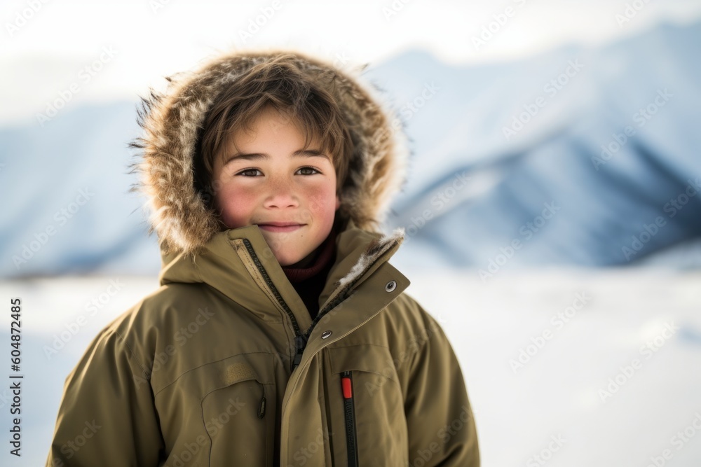 Medium shot portrait photography of a grinning boy in his 30s wearing a cozy winter coat against a serene snow-capped mountain background. With generative AI technology Medium shot portrait photography of a grinning boy in his 30s wearing a cozy winter coat against a serene snow-capped mountain background. With generative AI technology
