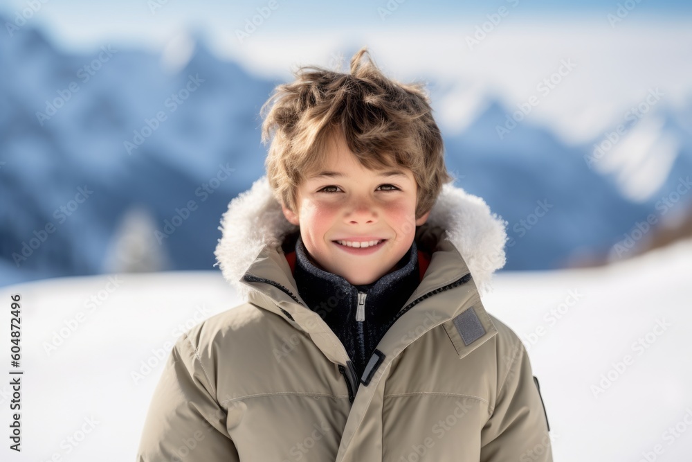 Medium shot portrait photography of a grinning boy in his 30s wearing a cozy winter coat against a serene snow-capped mountain background. With generative AI technology Medium shot portrait photography of a grinning boy in his 30s wearing a cozy winter coat against a serene snow-capped mountain background. With generative AI technology