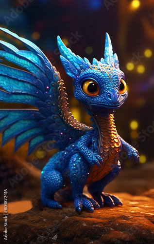 A fabulous blue dragon with big eyes, Generated AI