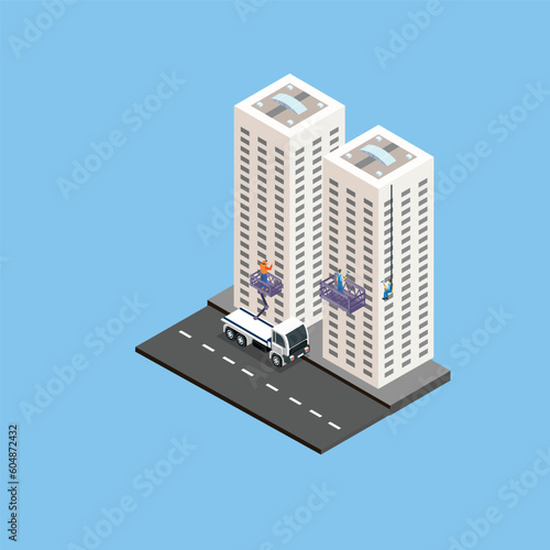 Cleaning team staff cleaning windows skyscrapers isometric 3d vector illustration concept for banner, website, illustration, landing page, flyer, etc.