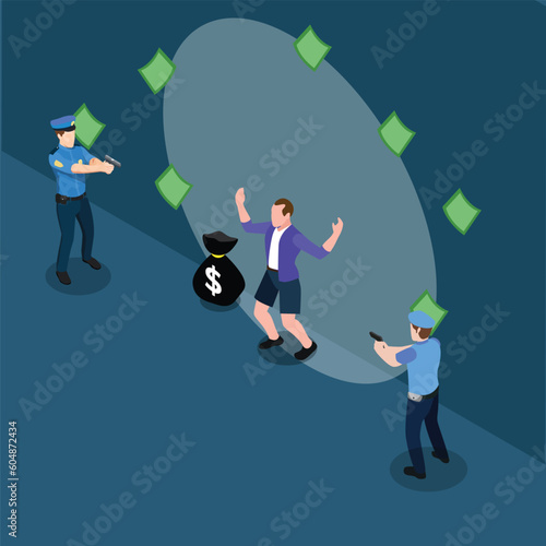Police Officers catch bad guy with gun isometric 3d vector illustration concept for banner, website, illustration, landing page, flyer, etc. © Creativa Images
