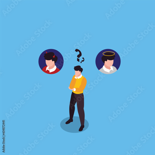Undecided man with good or bad choices to take isometric 3d vector illustration concept for banner, website, illustration, landing page, flyer, etc.