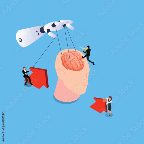Dependence on technology - robot hand with strings controlling brain isometric 3d vector illustration concept for banner, website, illustration, landing page, flyer, etc.