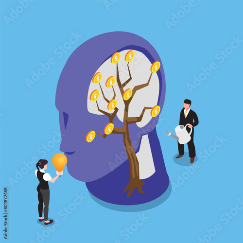 Businessman planting money trees and human heads. growth of financial thinking isometric 3d vector illustration concept for banner, website, illustration, landing page, flyer, etc.