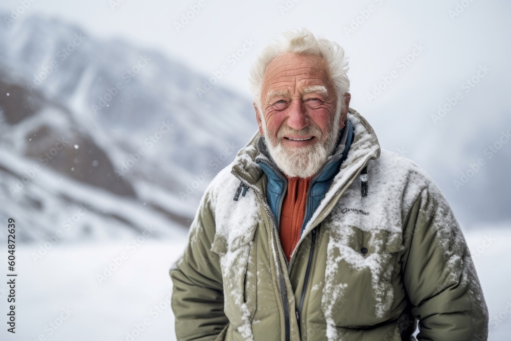 Environmental portrait photography of a satisfied old man wearing a chic jumpsuit against a serene snow-capped mountain background. With generative AI technology