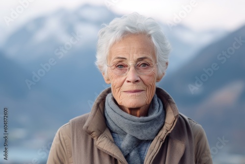 Lifestyle portrait photography of a glad old woman wearing an elegant long-sleeve shirt against a serene snow-capped mountain background. With generative AI technology © Markus Schröder