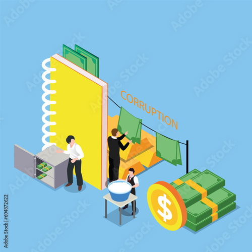 People Corruption - cash money laundering isometric 3d vector illustration concept for banner, website, illustration, landing page, flyer, etc.