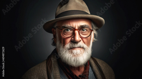 In a studio filled with character  an elderly hipster man poses for a portrait. His well-groomed beard  vintage fedora  and thick-rimmed glasses exude style. Generative AI