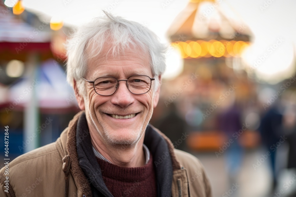 Photography in the style of pensive portraiture of a grinning mature man wearing a cozy sweater against a crowded amusement park background. With generative AI technology Photography in the style of pensive portraiture of a grinning mature man wearing a cozy sweater against a crowded amusement park background. With generative AI technology